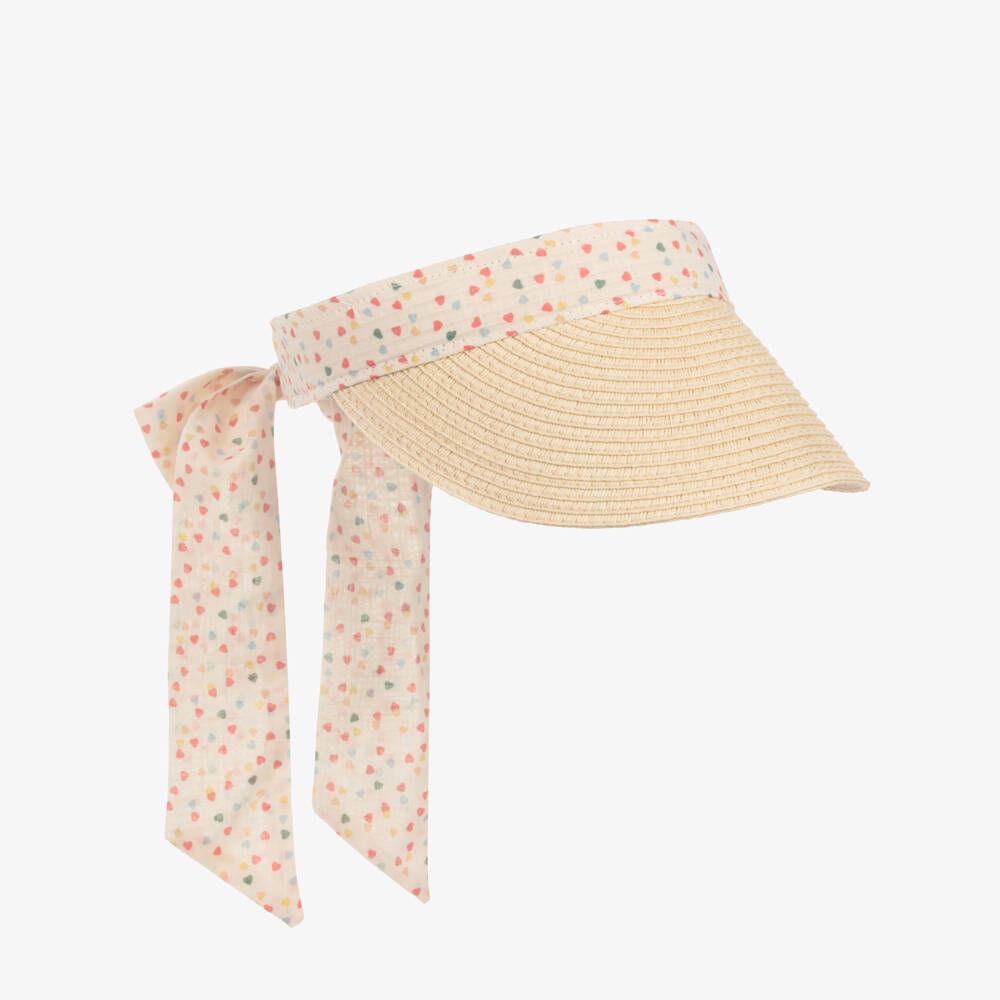 Mimi & Lula-Girls Beige Straw Visor with Heart Print Ribbon | Childrensalon