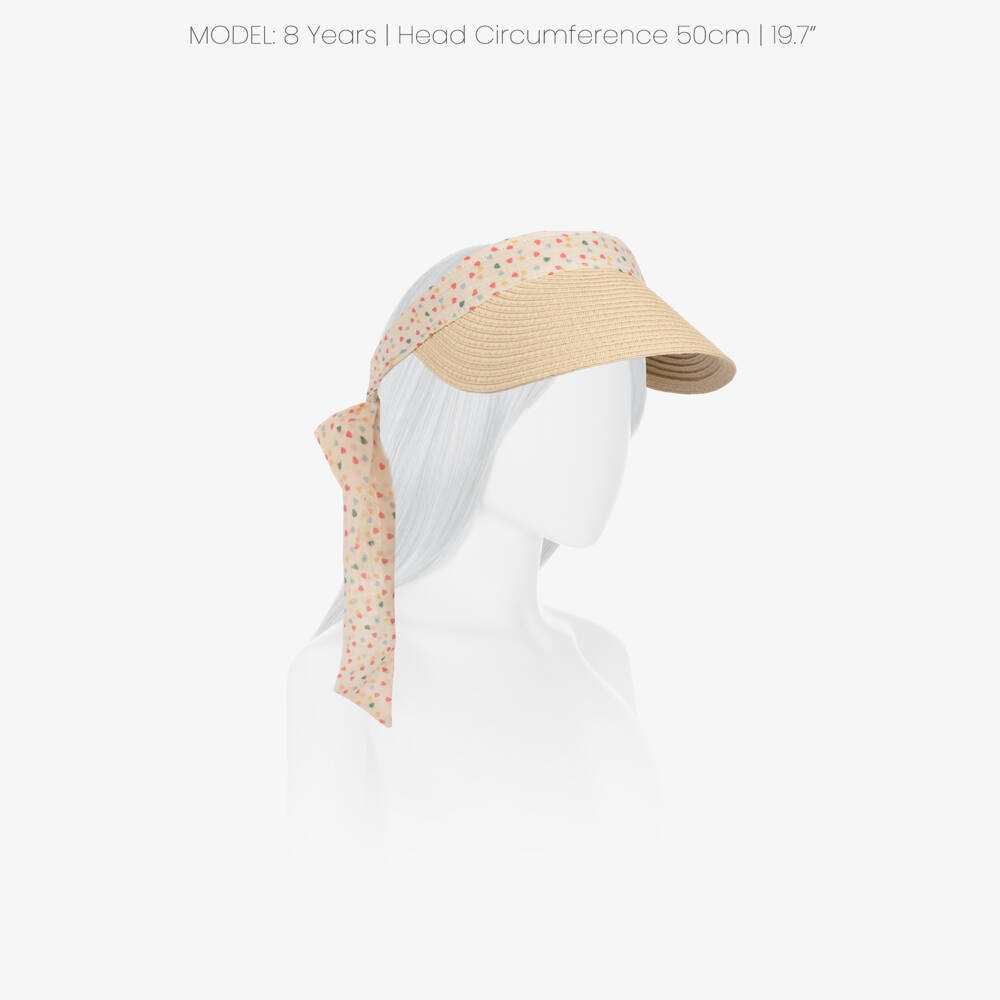 Mimi & Lula-Girls Beige Straw Visor with Heart Print Ribbon | Childrensalon