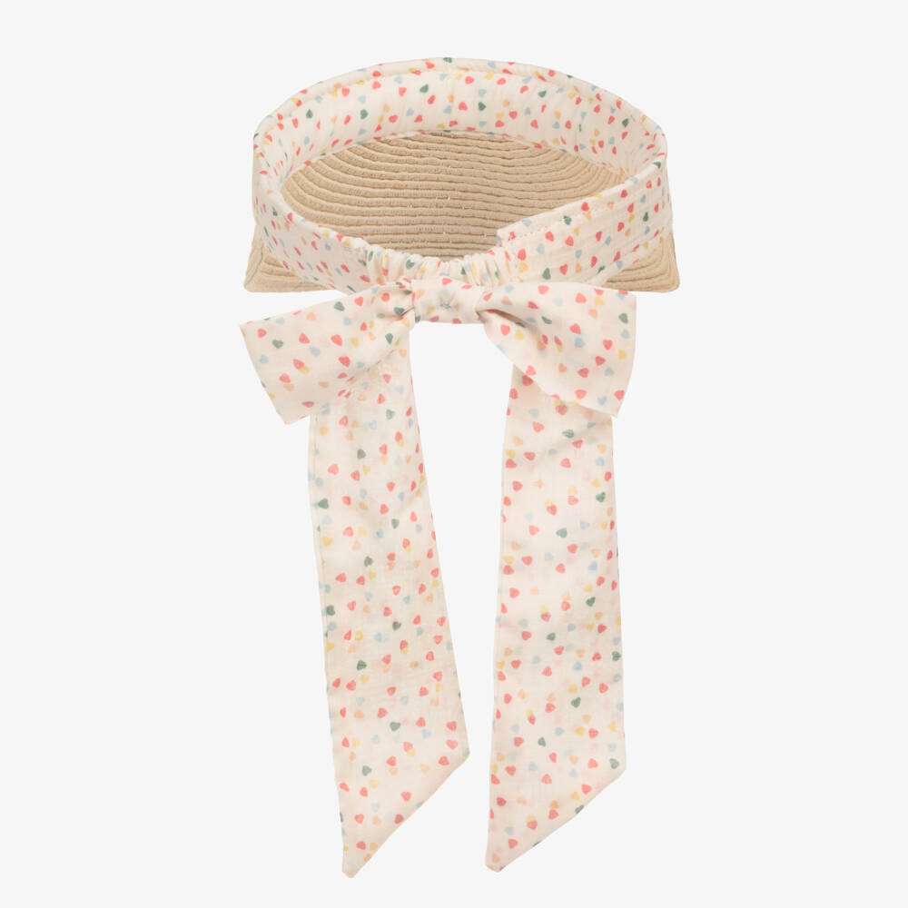 Mimi & Lula-Girls Beige Straw Visor with Heart Print Ribbon | Childrensalon