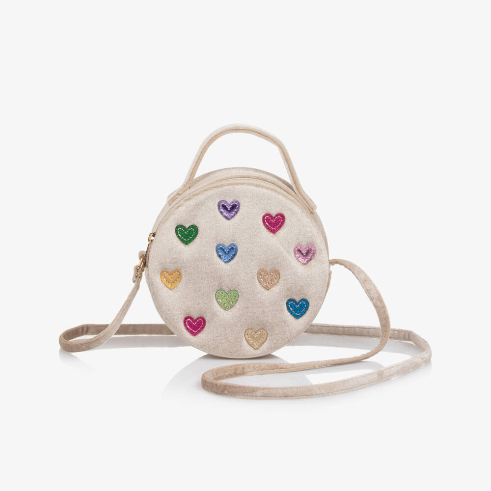 Mimi & Lula-Girls Beige Velvet Bag with Multicoloured Hearts (15cm) | Childrensalon