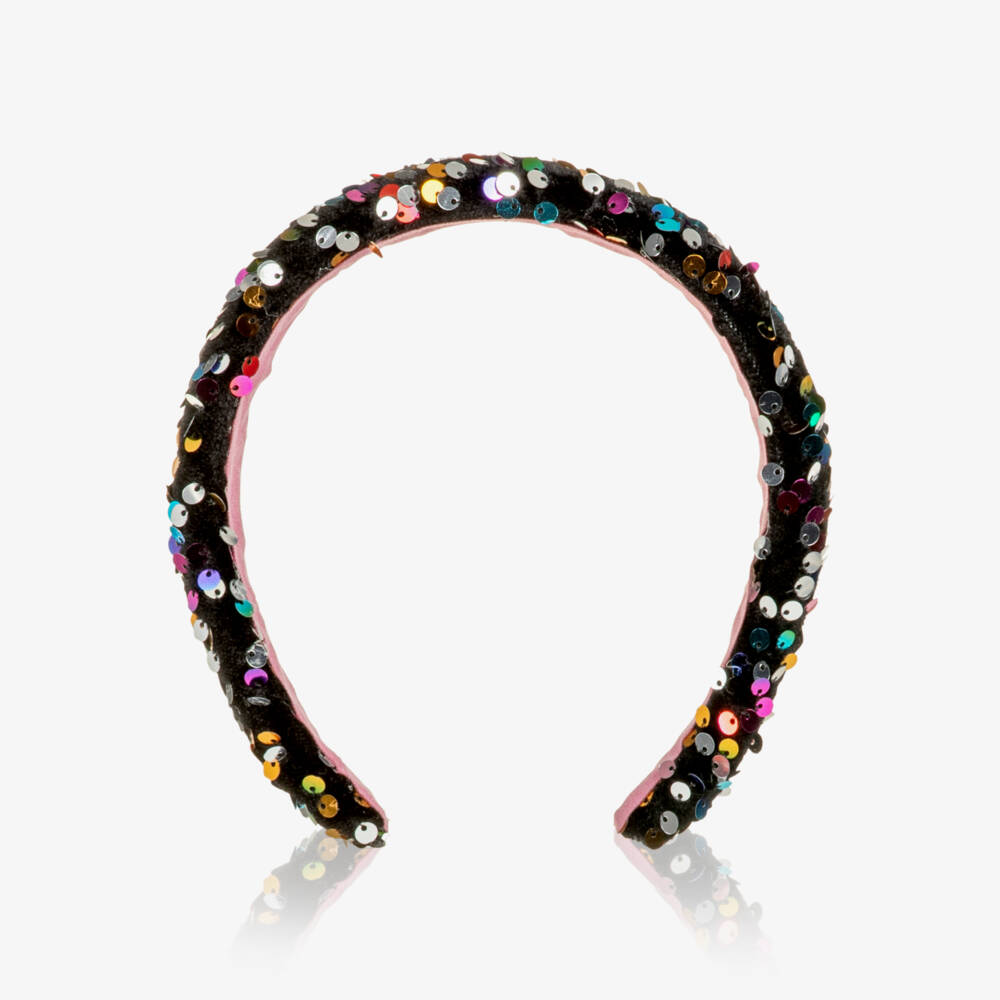 Mimi & Lula-Girls Black Velvet Hairband with Rainbow Sequins | Childrensalon