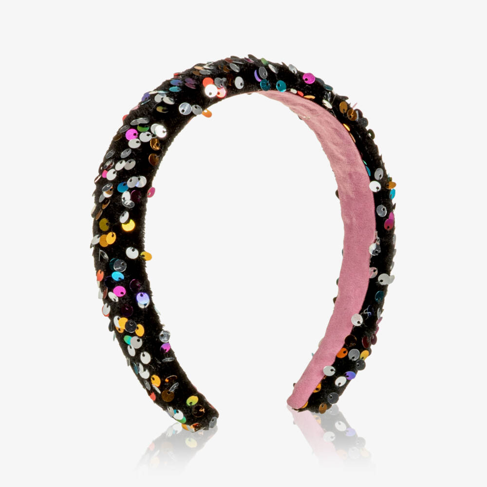 Mimi & Lula-Girls Black Velvet Hairband with Rainbow Sequins | Childrensalon