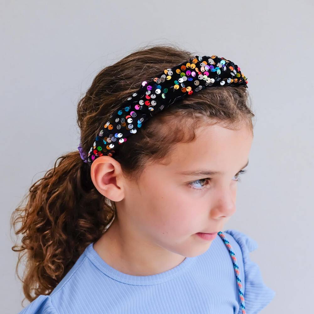 Mimi & Lula-Girls Black Velvet Hairband with Rainbow Sequins | Childrensalon