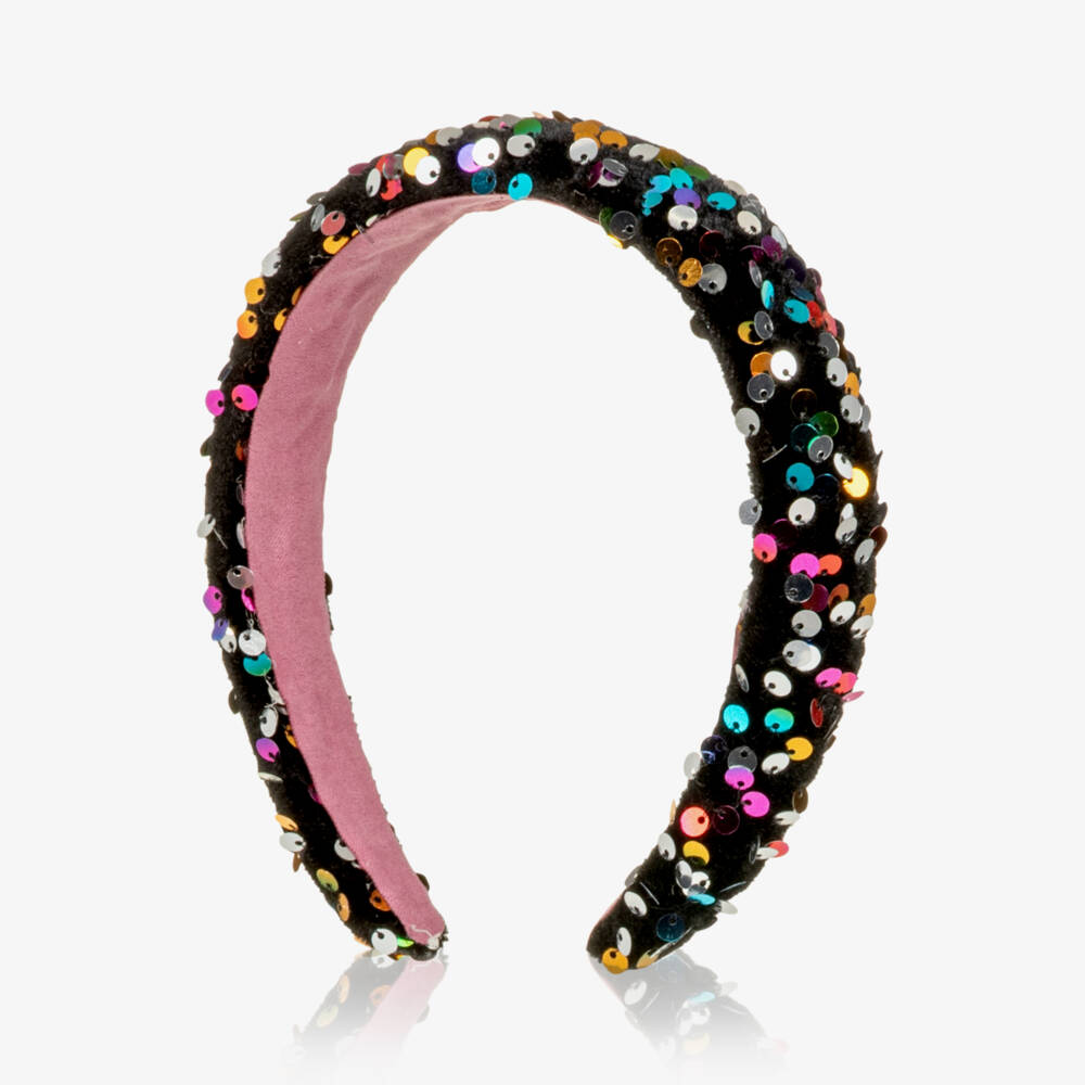 Mimi & Lula-Girls Black Velvet Hairband with Rainbow Sequins | Childrensalon