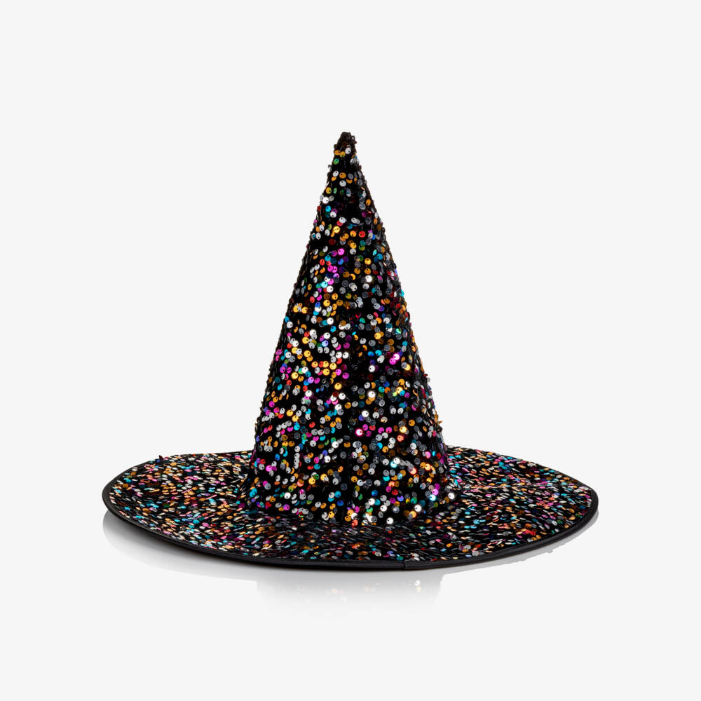 Mimi & Lula-Girls Black Velvet Witch Hat with Rainbow Sequins | Childrensalon