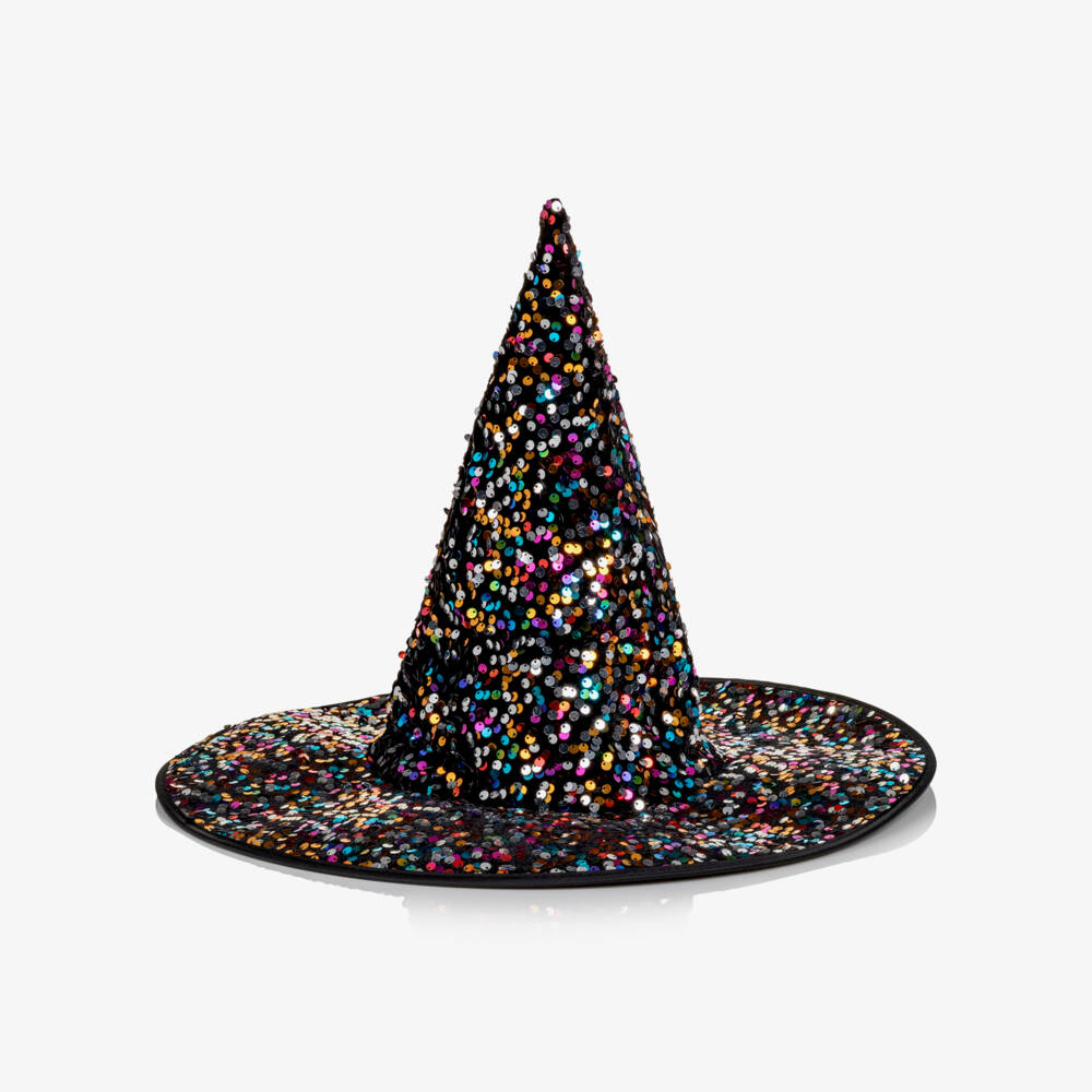 Mimi & Lula-Girls Black Velvet Witch Hat with Rainbow Sequins | Childrensalon