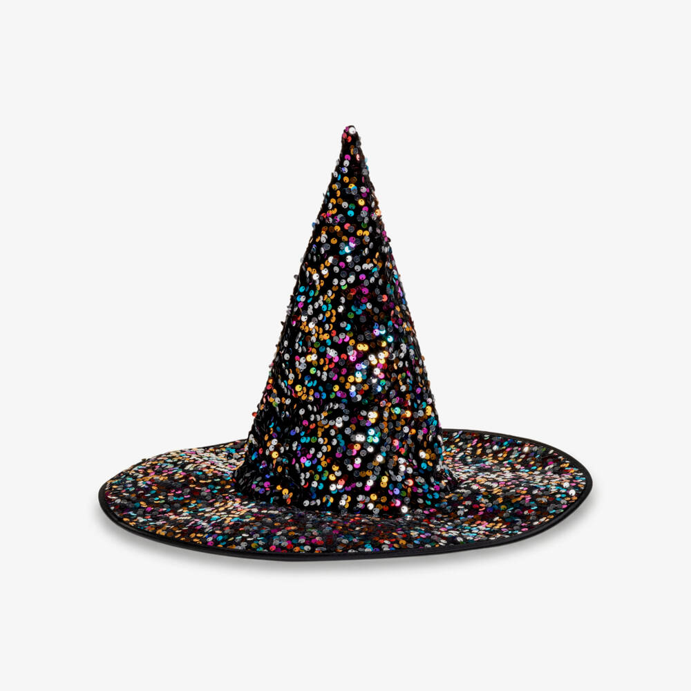Mimi & Lula-Girls Black Velvet Witch Hat with Rainbow Sequins | Childrensalon