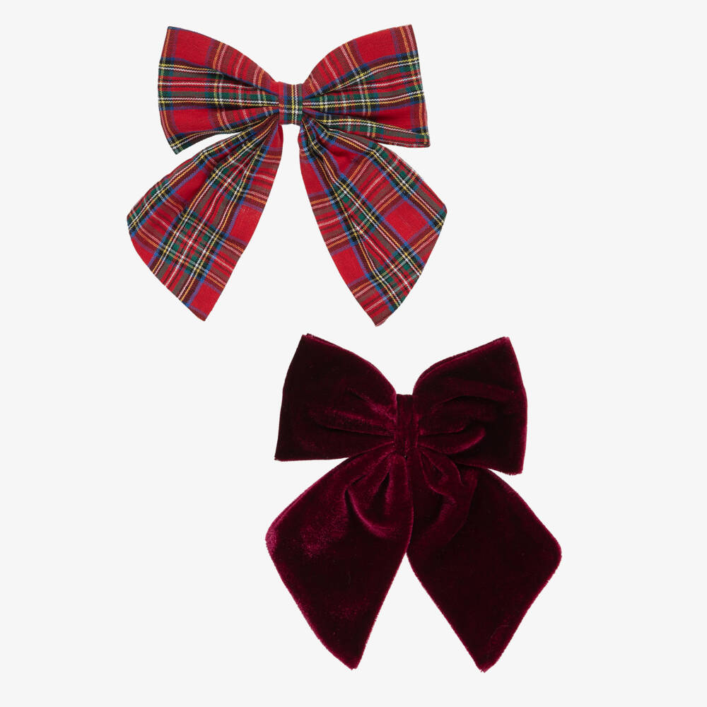 Mimi & Lula-Girls Burgundy Red Tartan & Velvet Bow Hair Clips (2 Pack) | Childrensalon