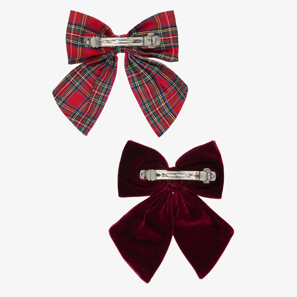 Mimi & Lula-Girls Burgundy Red Tartan & Velvet Bow Hair Clips (2 Pack) | Childrensalon