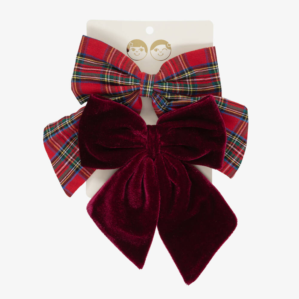 Mimi & Lula-Girls Burgundy Red Tartan & Velvet Bow Hair Clips (2 Pack) | Childrensalon