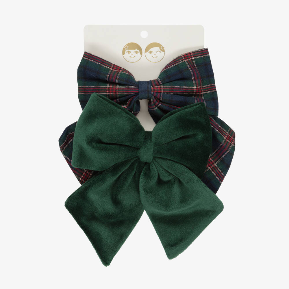 Mimi & Lula-Girls Forest Green Tartan & Velvet Bow Hair Clips (2 Pack) | Childrensalon