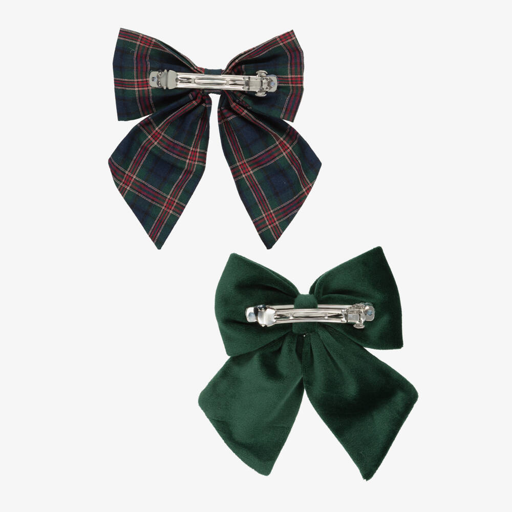 Mimi & Lula-Girls Forest Green Tartan & Velvet Bow Hair Clips (2 Pack) | Childrensalon