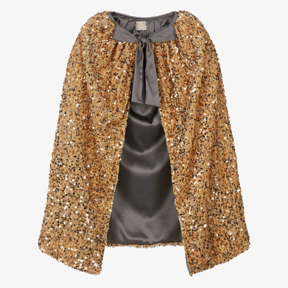 Mimi & Lula-Girls Gold Sequin Cape with Grey Bow | Childrensalon