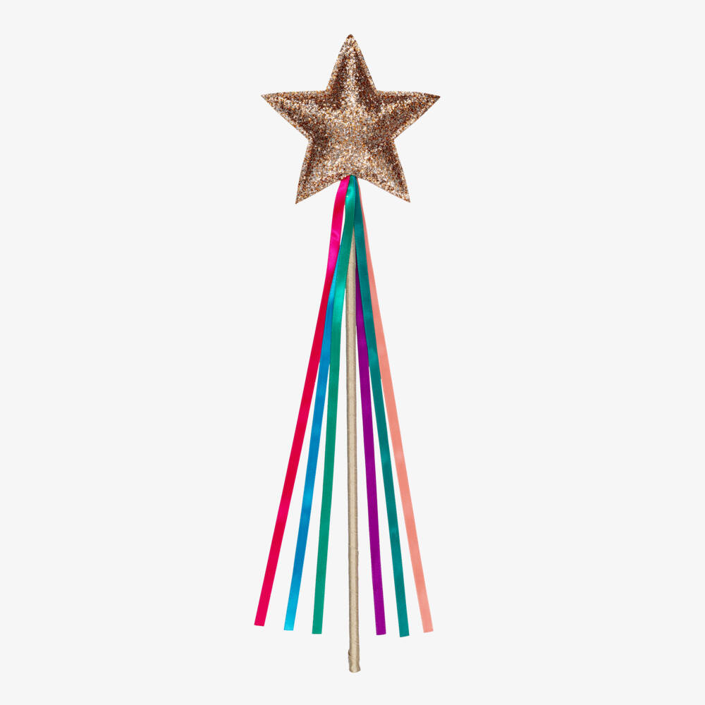 Mimi & Lula-Girls Gold Star Wand with Rainbow Ribbons (41cm) | Childrensalon