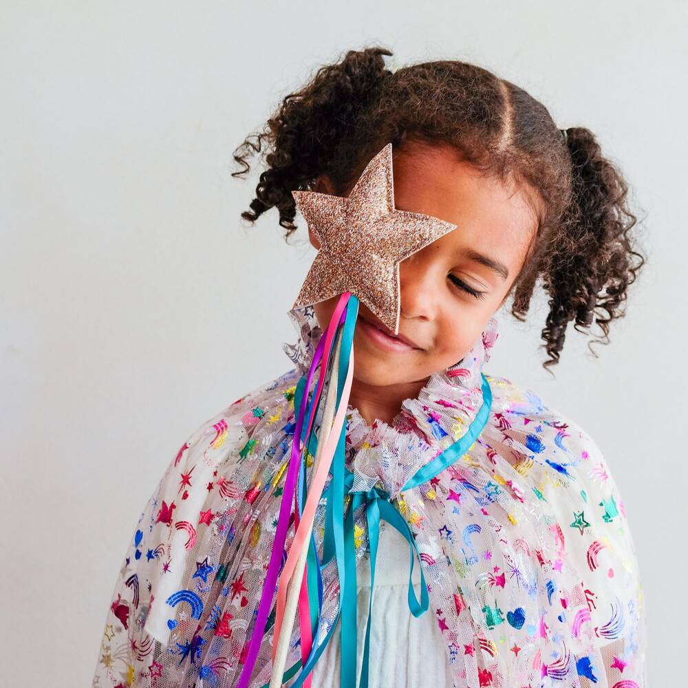 Mimi & Lula-Girls Gold Star Wand with Rainbow Ribbons (41cm) | Childrensalon