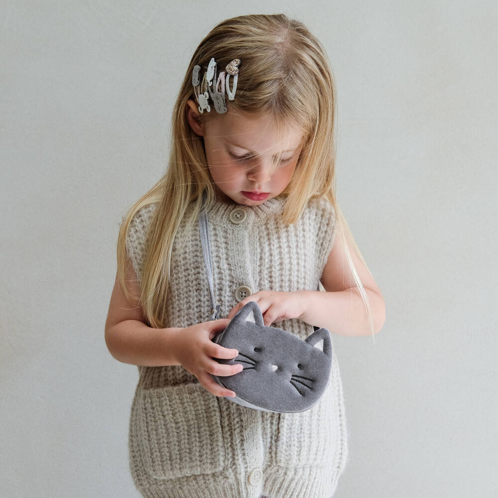 Mimi & Lula-Girls Grey Velvet Kitty Cat Bag (12cm) | Childrensalon