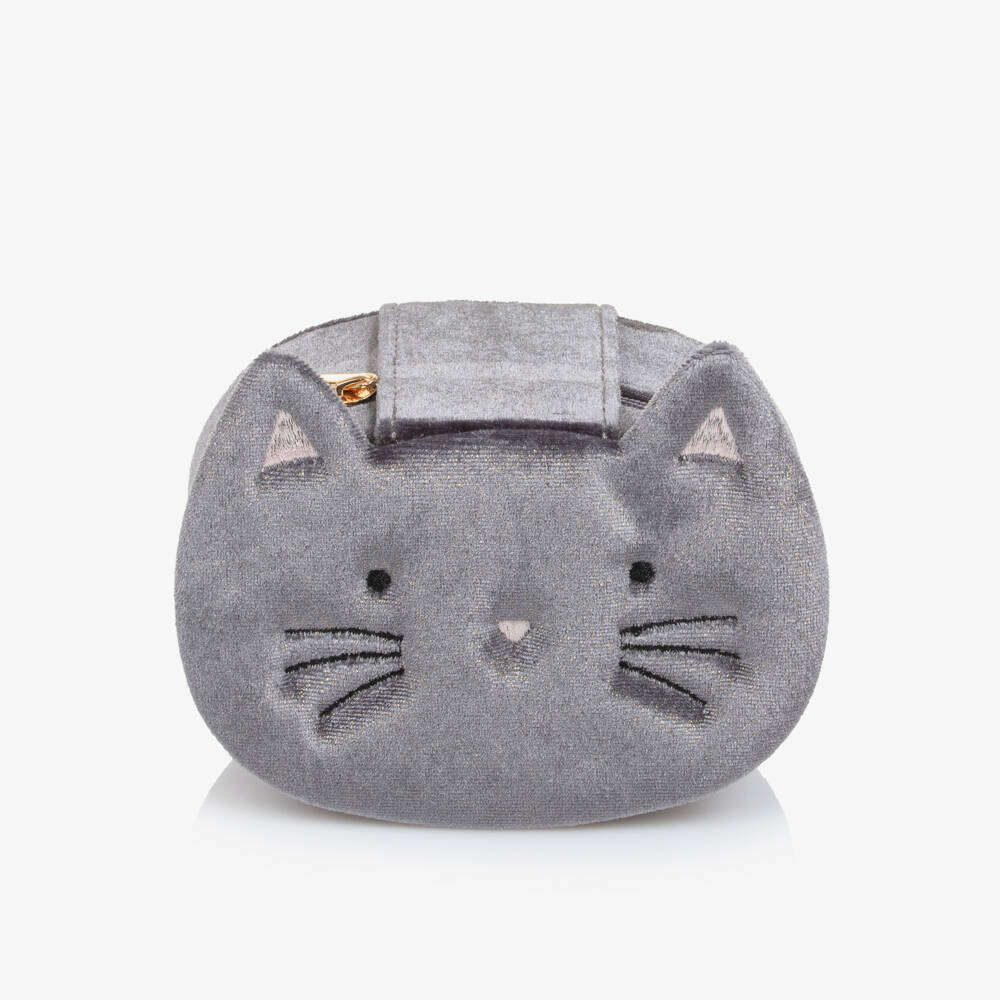 Mimi & Lula-Girls Grey Velvet Kitty Cat Jewellery Box (12cm) | Childrensalon