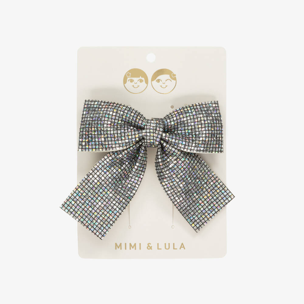 Mimi & Lula-Girls Iridescent Silver Disco Ball Bow (10cm) | Childrensalon
