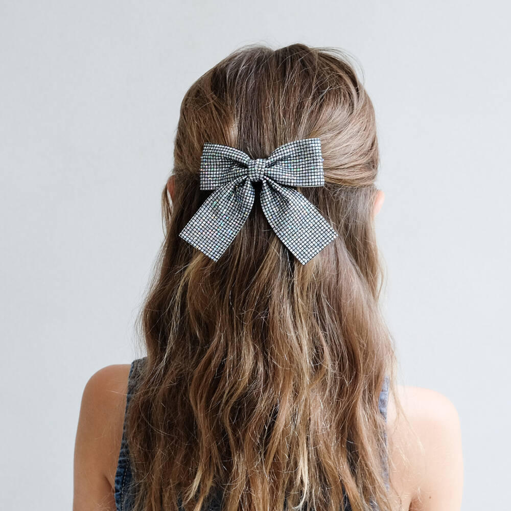 Mimi & Lula-Girls Iridescent Silver Disco Ball Bow (10cm) | Childrensalon