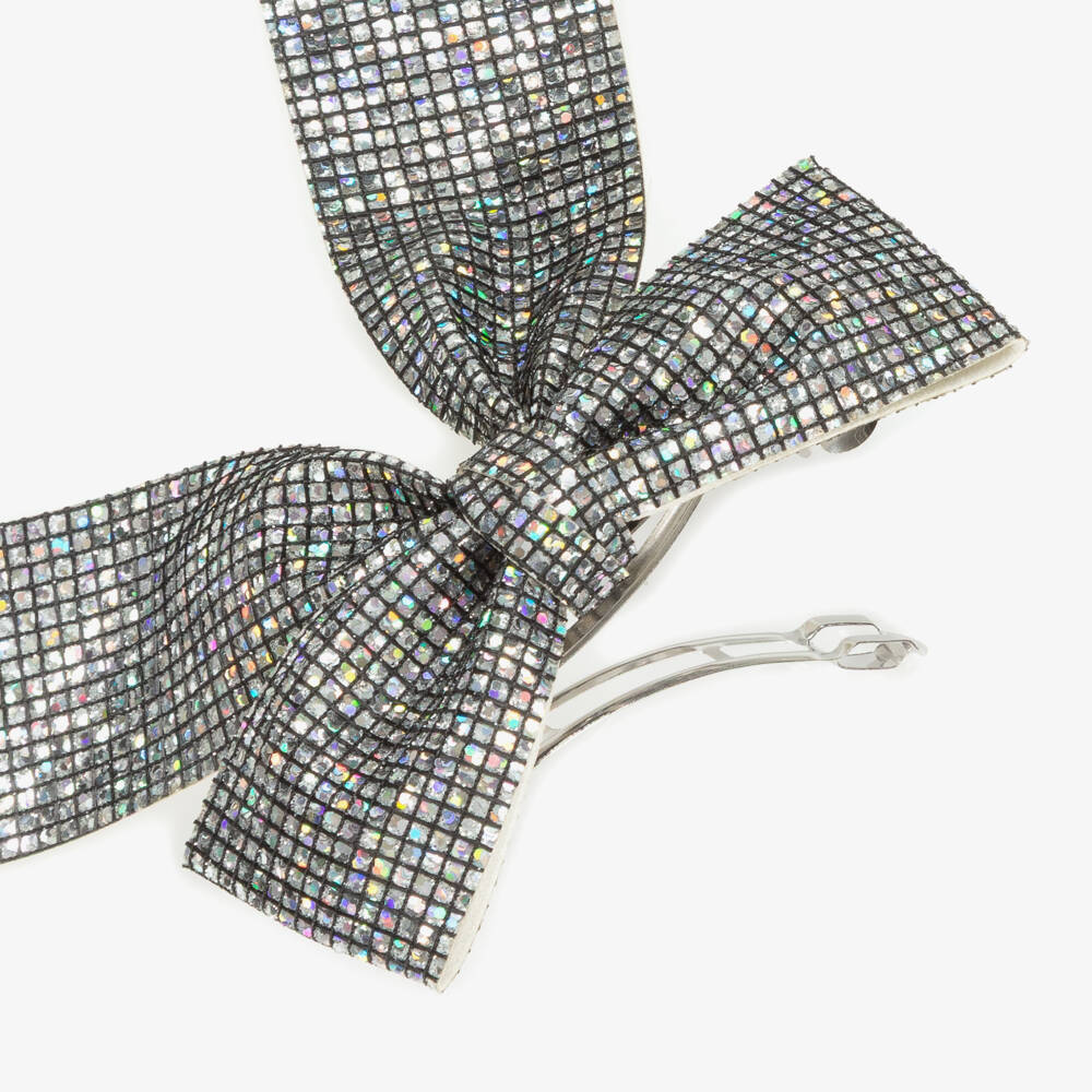 Mimi & Lula-Girls Iridescent Silver Disco Ball Bow (10cm) | Childrensalon