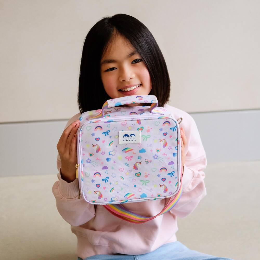 Mimi & Lula-Girls Lilac Purple Unicorn Print Lunch Bag (23cm) | Childrensalon