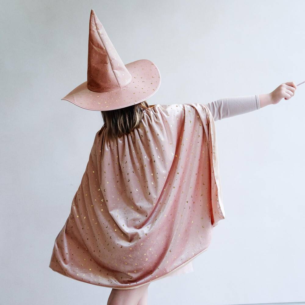 Mimi & Lula-Girls Pale Pink Velvet Cape with Gold Moon & Star Print | Childrensalon