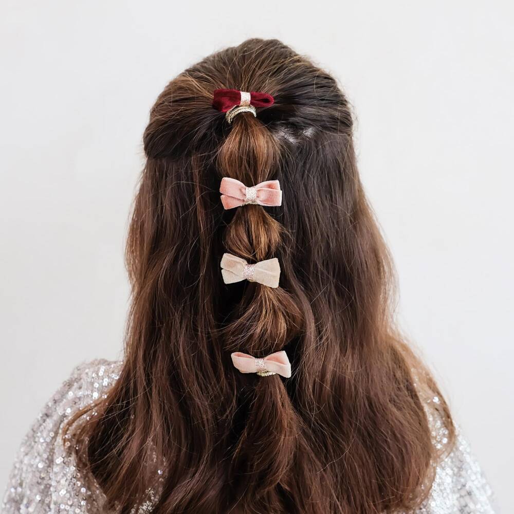 Mimi & Lula-Girls Pink & Burgundy Velvet Bow Mini Hair Elastics (8 pack) | Childrensalon
