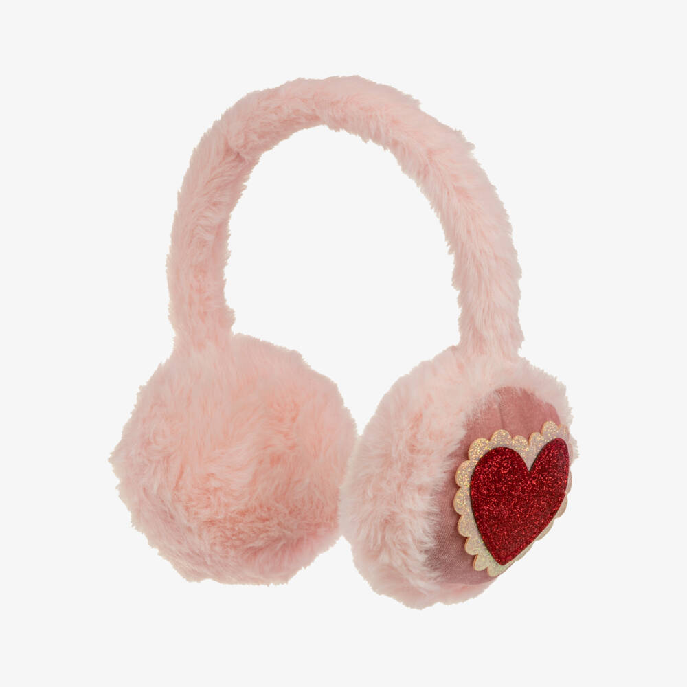 Mimi & Lula-Girls Pink Faux Fur Earmuffs with Glittery Hearts | Childrensalon