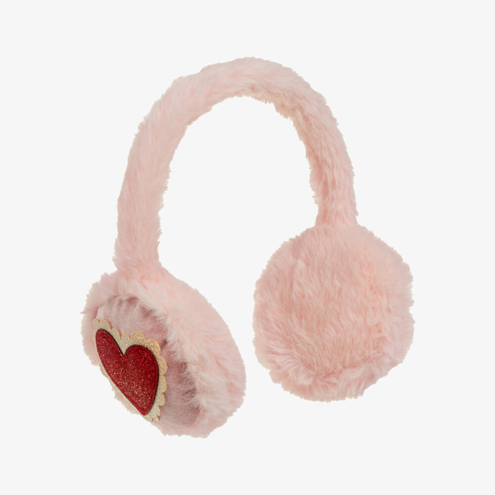 Mimi & Lula-Girls Pink Faux Fur Earmuffs with Glittery Hearts | Childrensalon