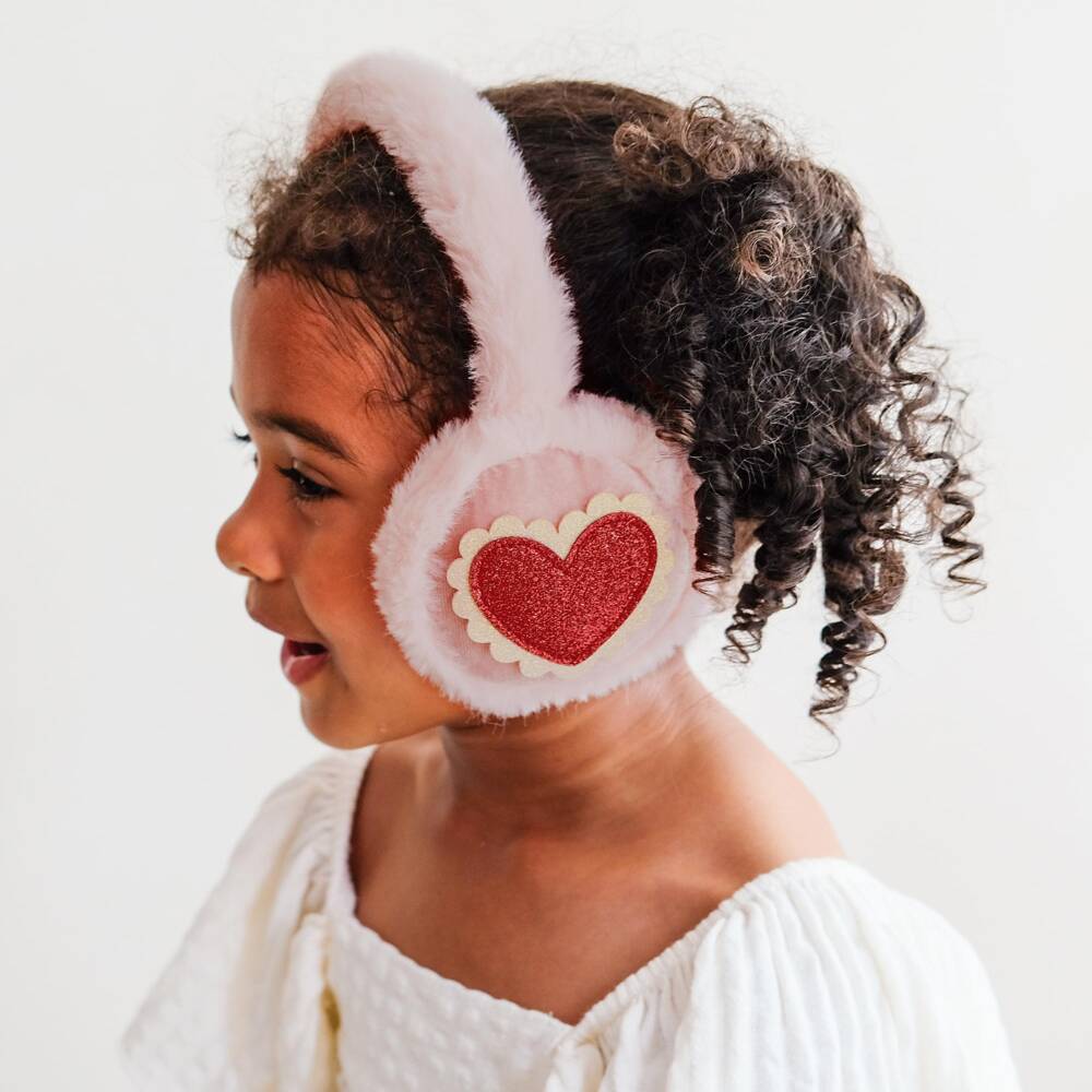 Mimi & Lula-Girls Pink Faux Fur Earmuffs with Glittery Hearts | Childrensalon