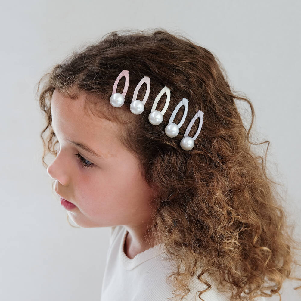 Mimi & Lula-مشابك شعر مزينة باللؤلؤ الصناعي لون رمادي وزهري للبنات (عدد 5) | Childrensalon
