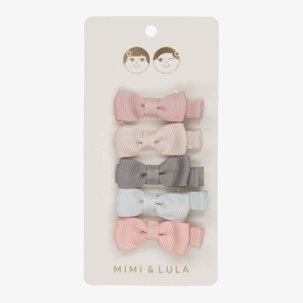 Mimi & Lula-Girls Pink & Grey Ribbon Bow Hair Clips (5 Pack) | Childrensalon