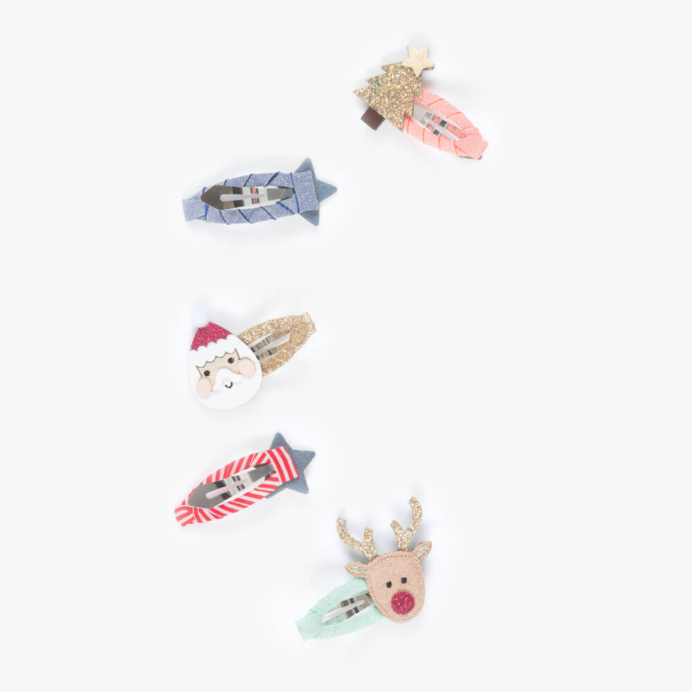 Mimi & Lula-Girls Red & Gold Santa & Rudolph Mini Hair Clips | Childrensalon