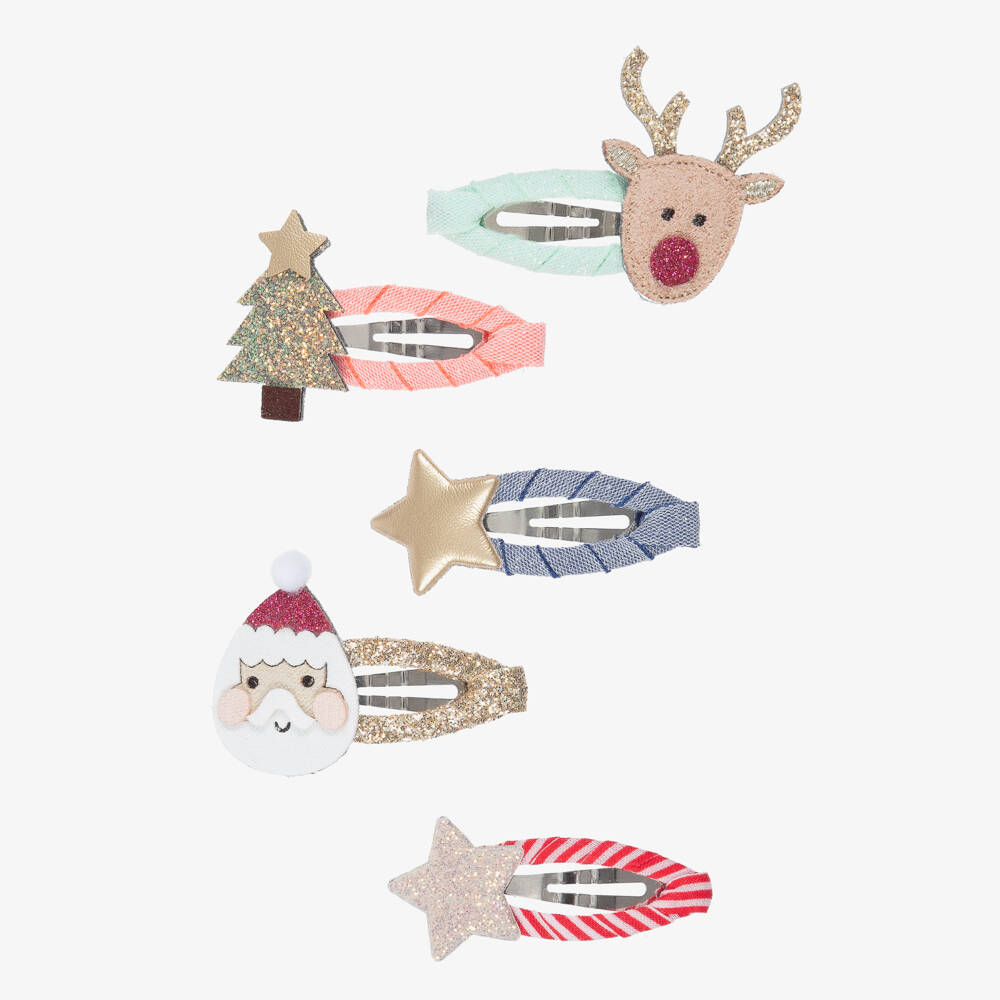 Mimi & Lula-Girls Red & Gold Santa & Rudolph Mini Hair Clips | Childrensalon