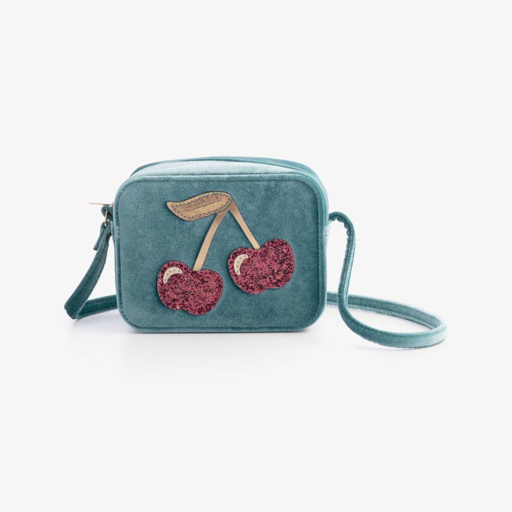 Mimi & Lula-Girls Teal Blue Velvet Cherries Bag (15cm) | Childrensalon