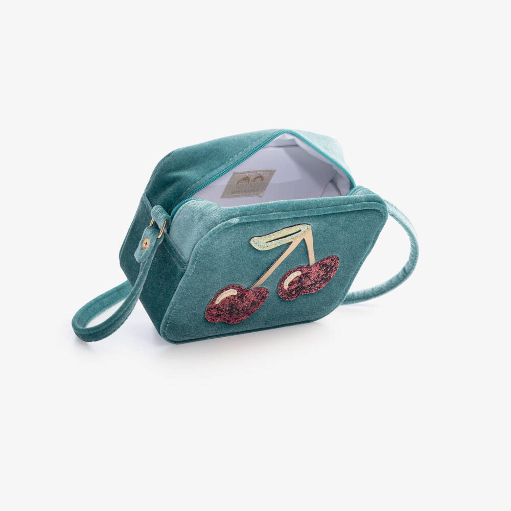 Mimi & Lula-Girls Teal Blue Velvet Cherries Bag (15cm) | Childrensalon