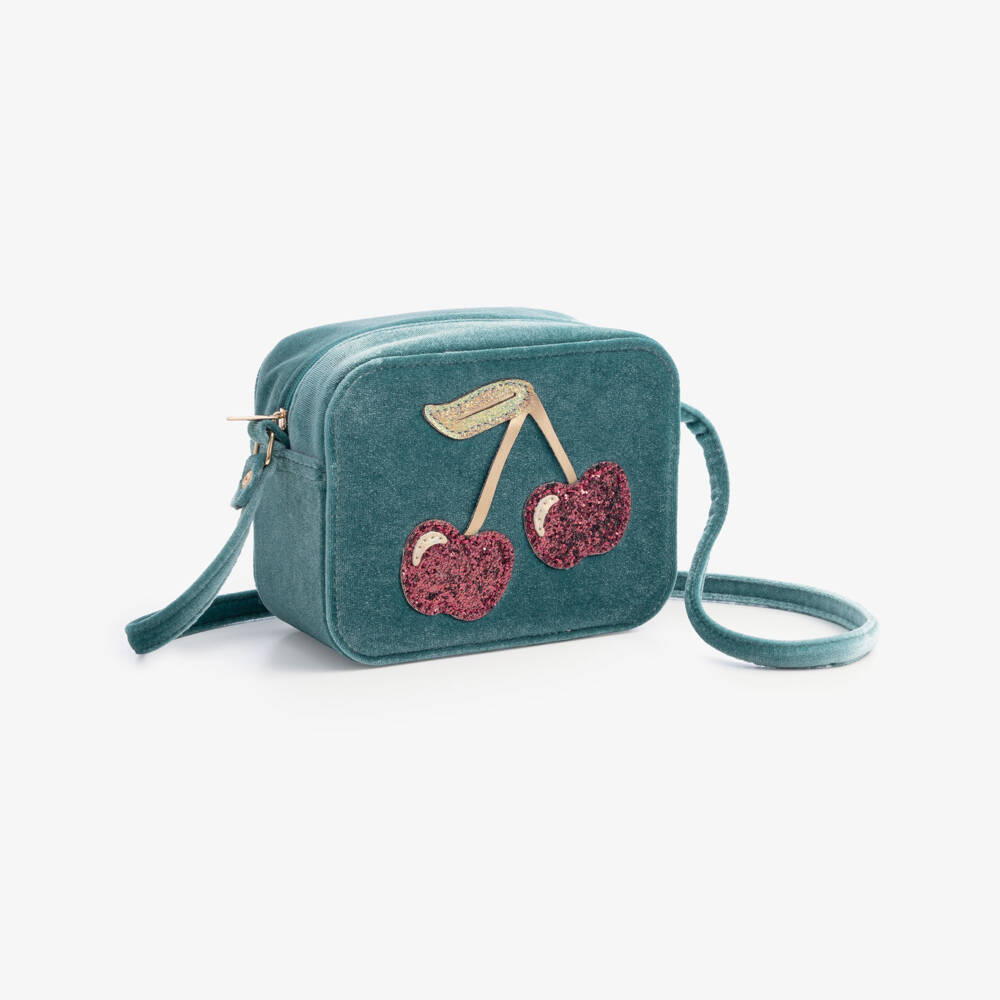 Mimi & Lula-Girls Teal Blue Velvet Cherries Bag (15cm) | Childrensalon