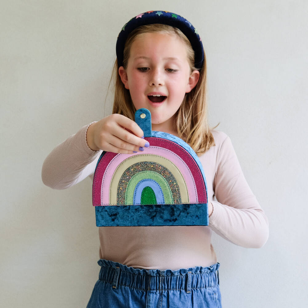 Mimi & Lula-Girls Teal Blue Velvet Rainbow Jewellery Box (22cm) | Childrensalon
