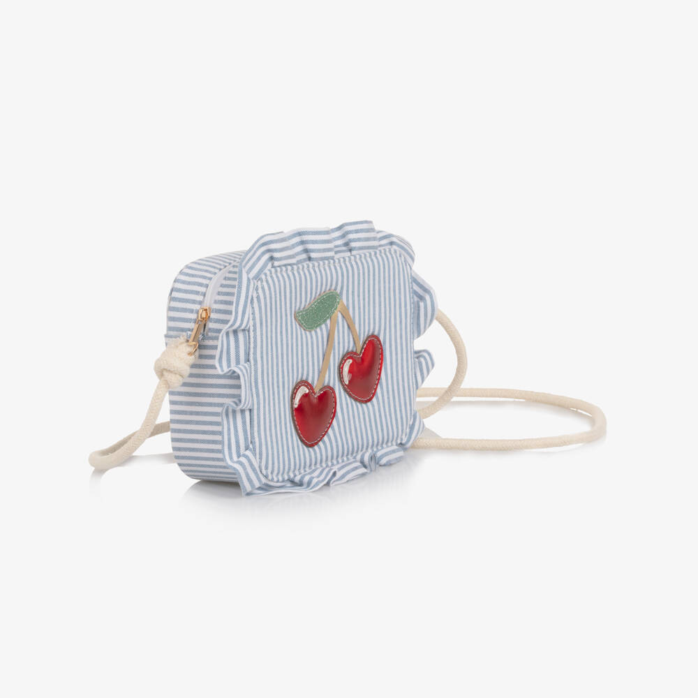 Mimi & Lula-Girls White & Blue Striped Bag with Cherry Motif (17cm) | Childrensalon