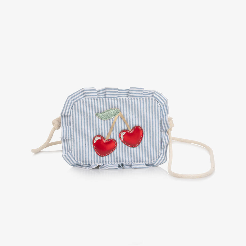 Mimi & Lula-Girls White & Blue Striped Bag with Cherry Motif (17cm) | Childrensalon