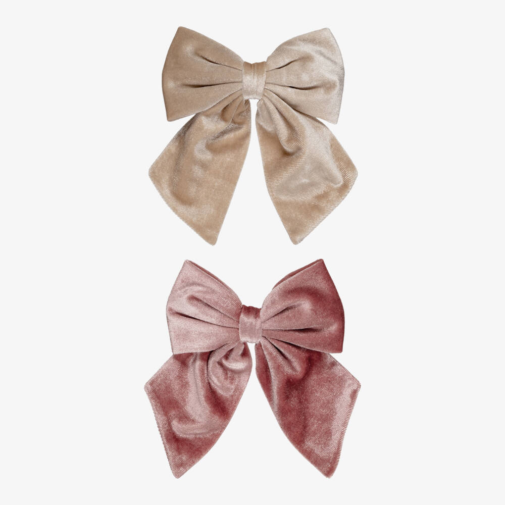 Mimi & Lula-Pink & Beige Velvet Large Bow Clips (11cm) | Childrensalon