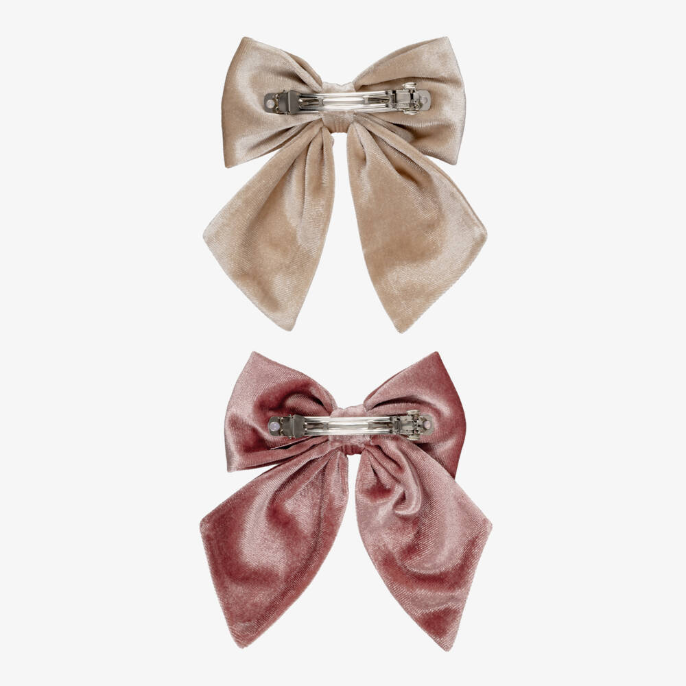 Mimi & Lula-Pink & Beige Velvet Large Bow Clips (11cm) | Childrensalon