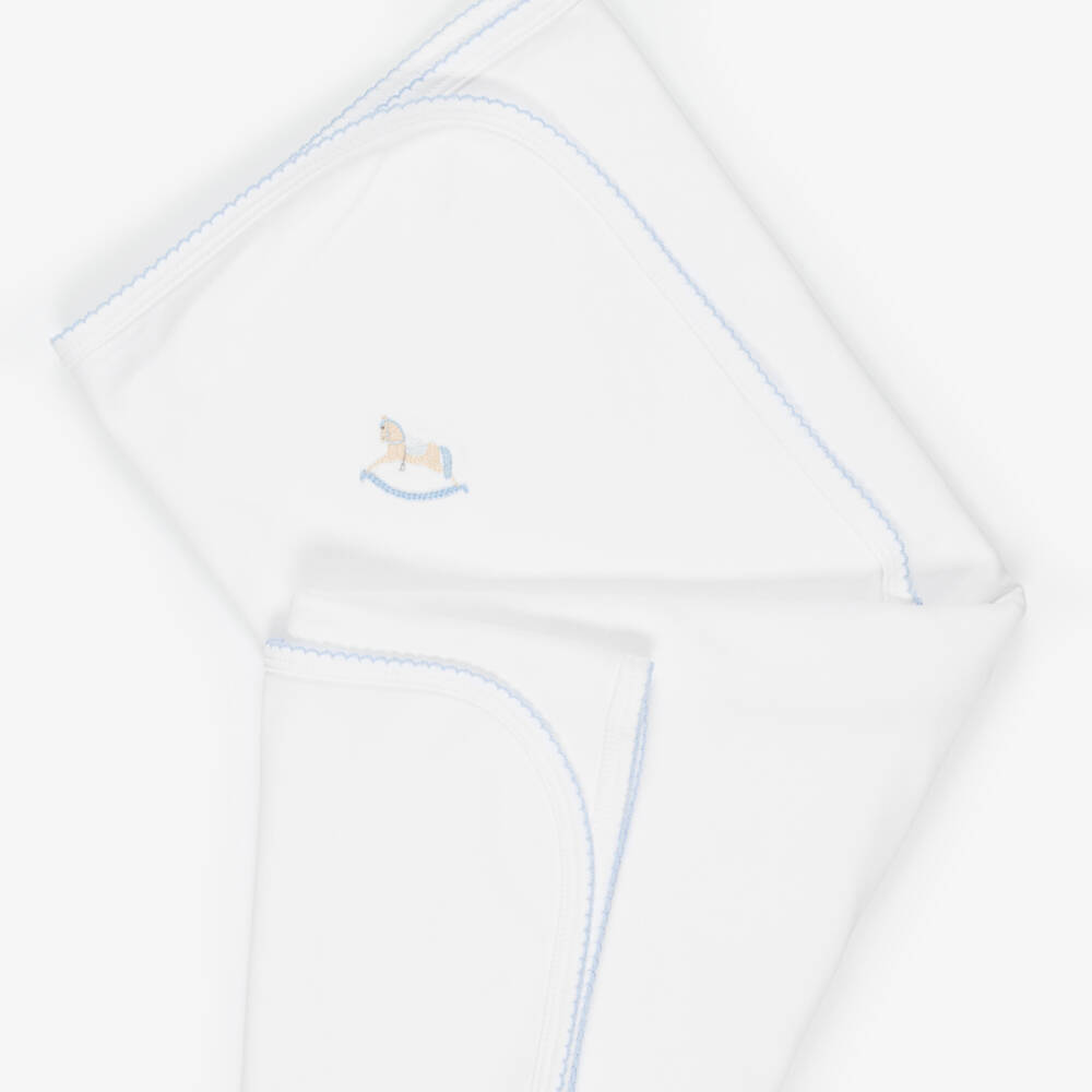Mini-la-Mode-Baby Boys White Pima Cotton Blanket with Rocking Horse | Childrensalon