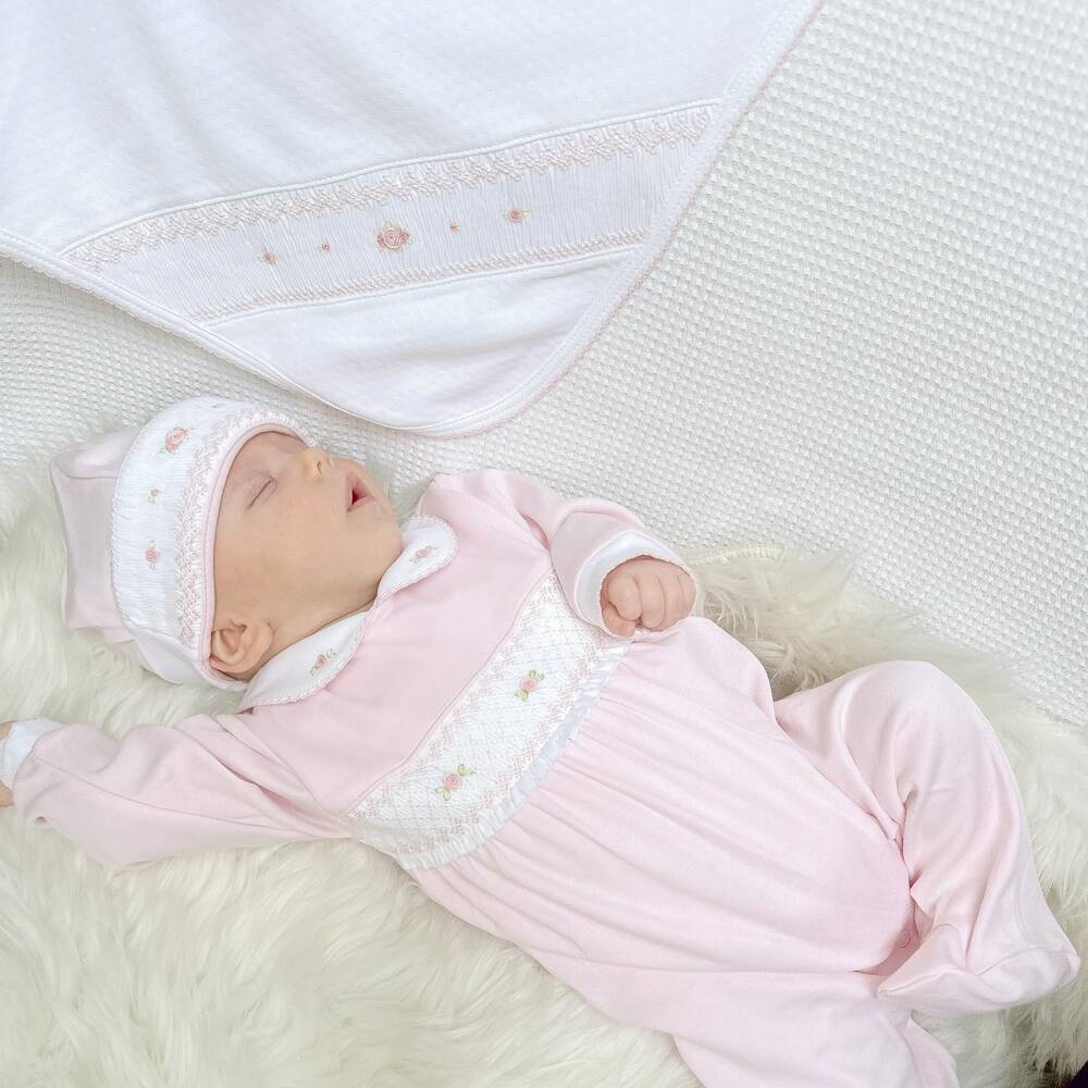 Mini-la-Mode-Baby Girls Pink Pima Cotton Hat with Rose Embroidery | Childrensalon