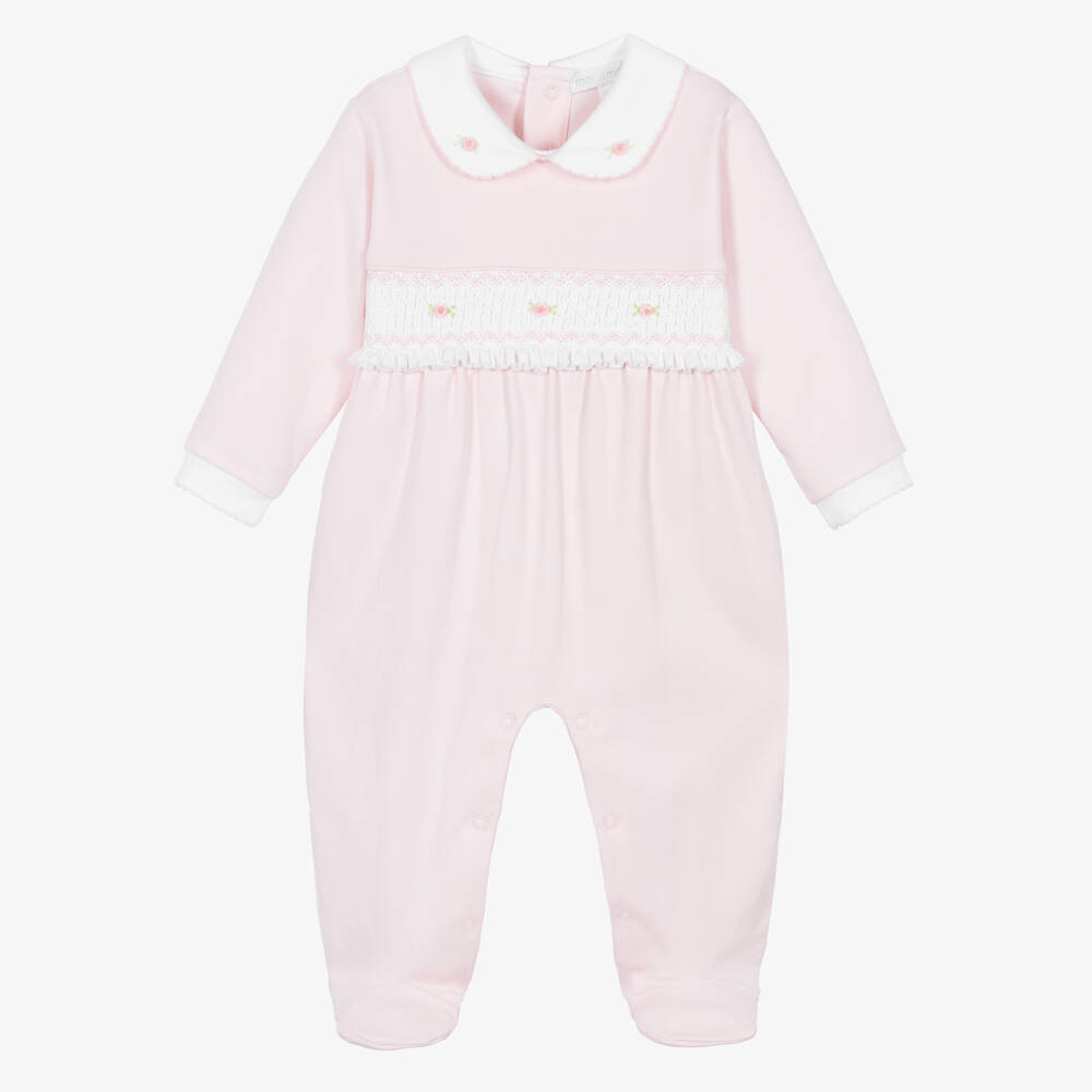 Mini-la-Mode-Baby Girls Pink Pima Cotton Smocked Rosebud Babygrow | Childrensalon