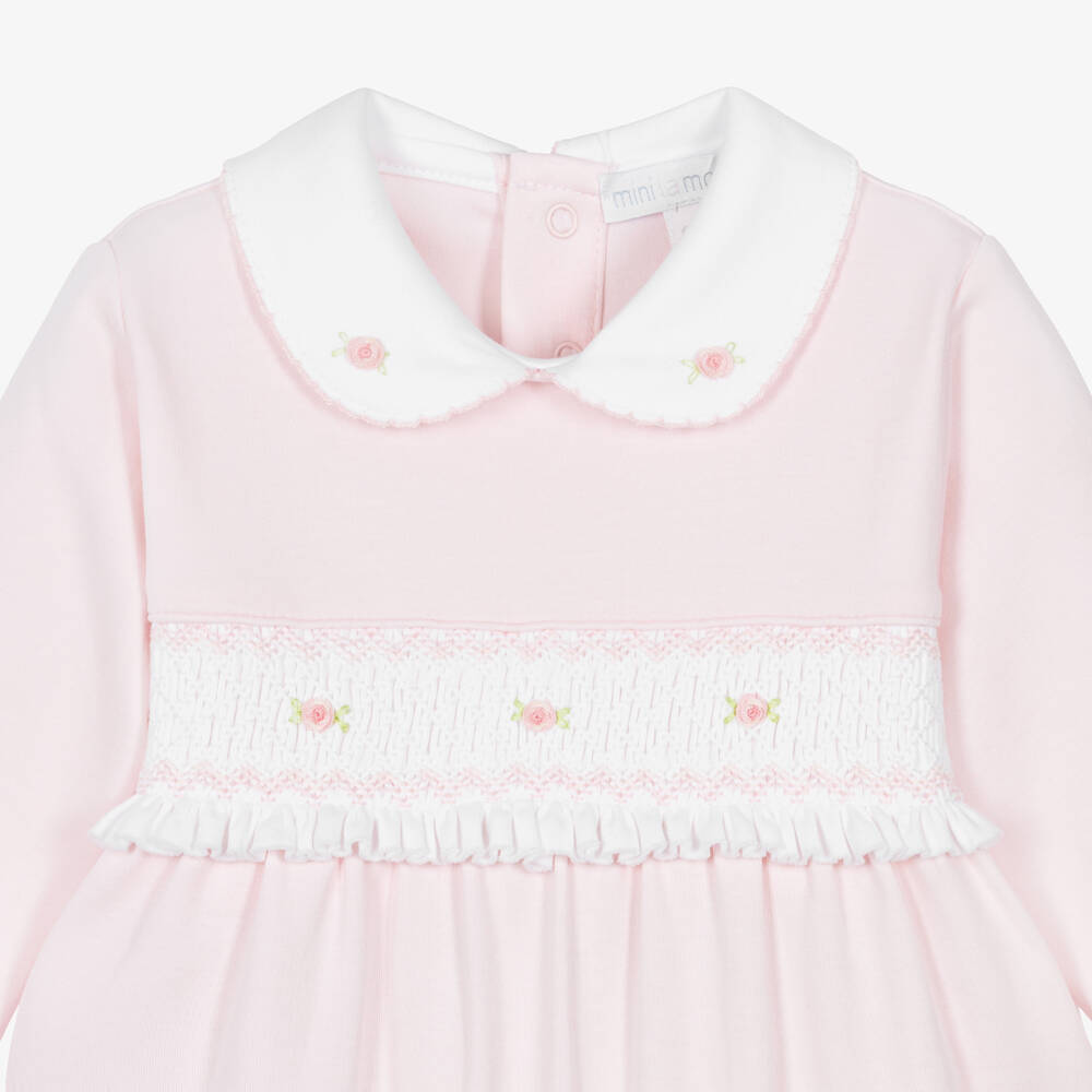 Mini-la-Mode-Baby Girls Pink Pima Cotton Smocked Rosebud Babygrow | Childrensalon