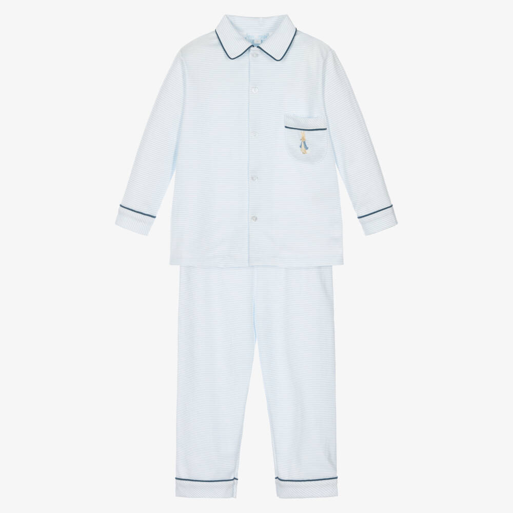Mini-la-Mode-Boys Blue Stripe Pima Cotton Long Pyjamas with Peter Rabbit | Childrensalon