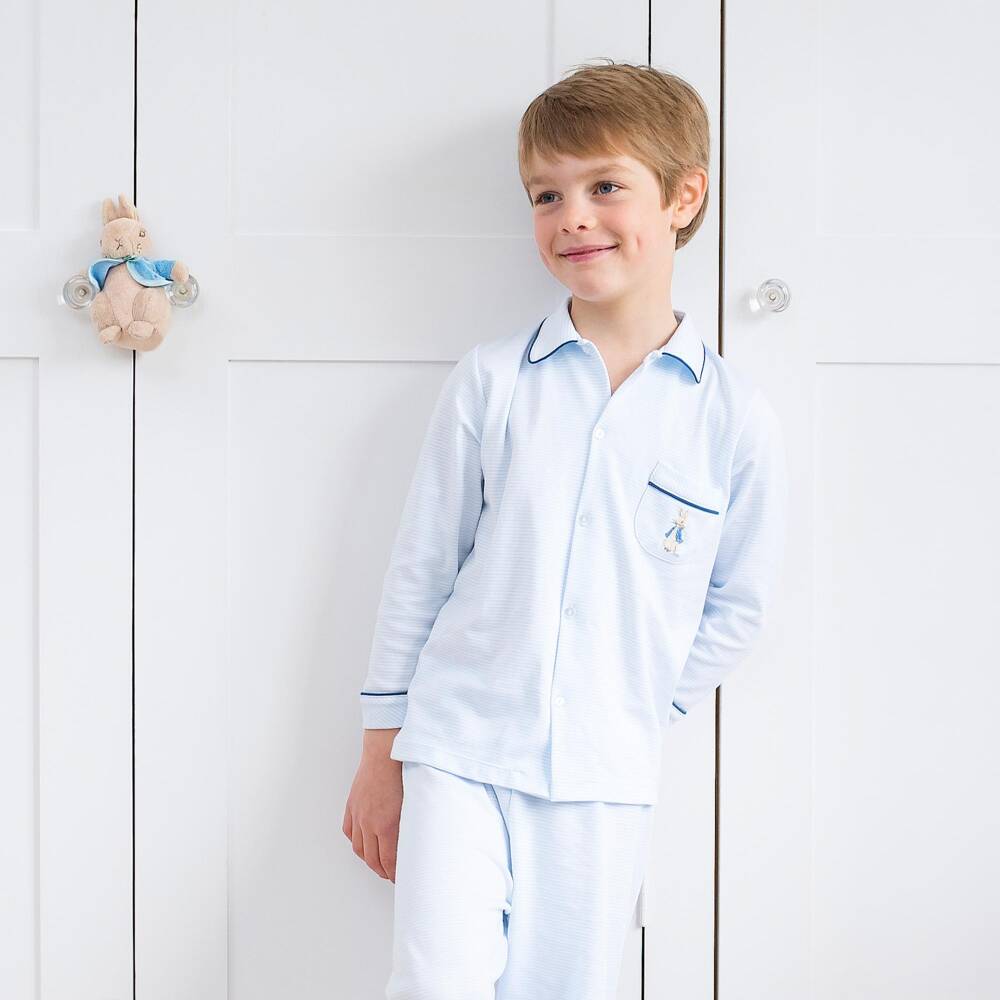 Mini-la-Mode-Boys Blue Stripe Pima Cotton Long Pyjamas with Peter Rabbit | Childrensalon