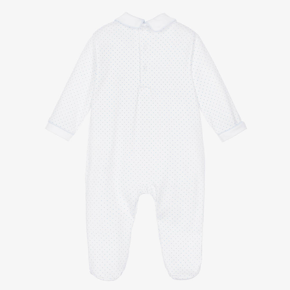 Mini-la-Mode-Boys White & Blue Polka Dot Pima Babygrow with Rocking Horse | Childrensalon