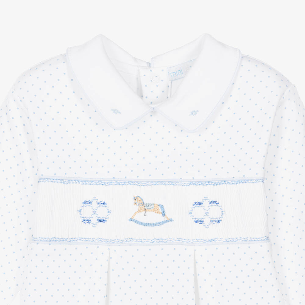Mini-la-Mode-Boys White & Blue Polka Dot Pima Babygrow with Rocking Horse | Childrensalon